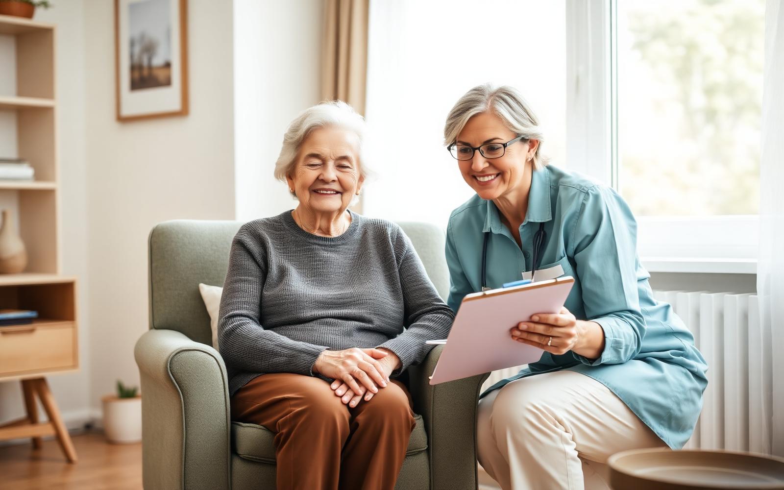 A caregiver helping an older adult at home